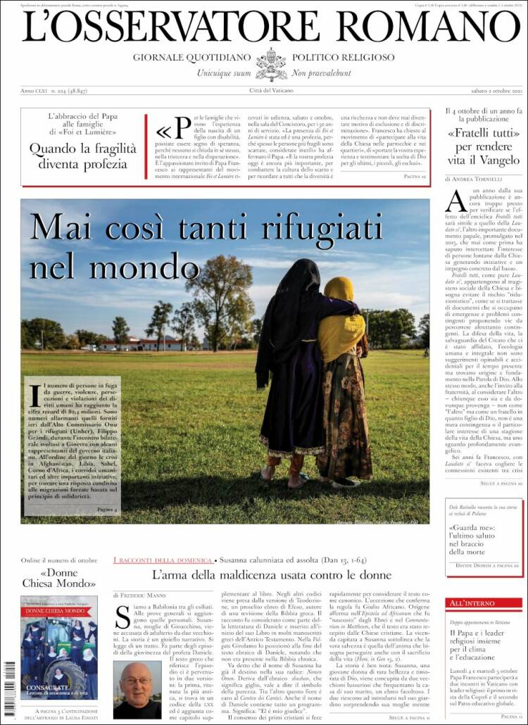 Portada de L'Osservatore Romano (Italia)
