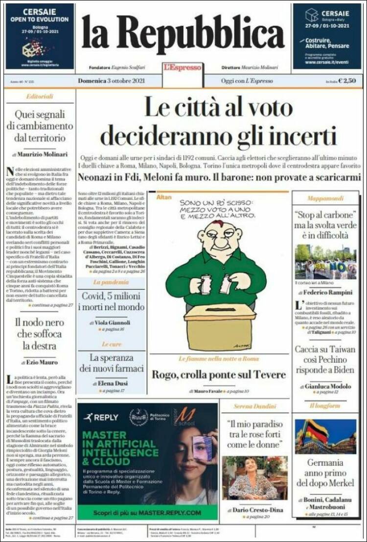 Portada de La Repubblica (Italia)