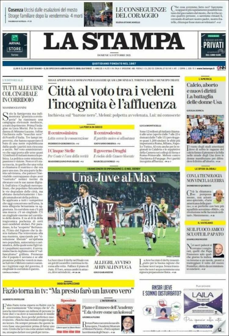 Portada de La Stampa (Italia)