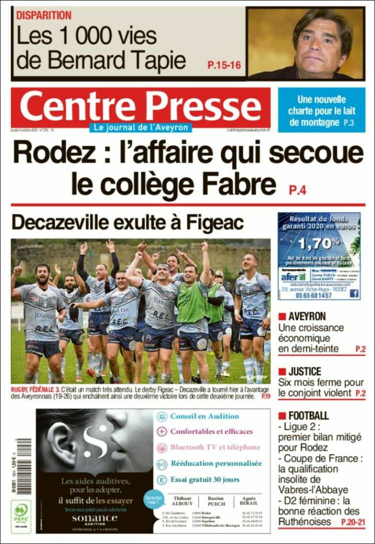 Portada de Centre Presse (Francia)