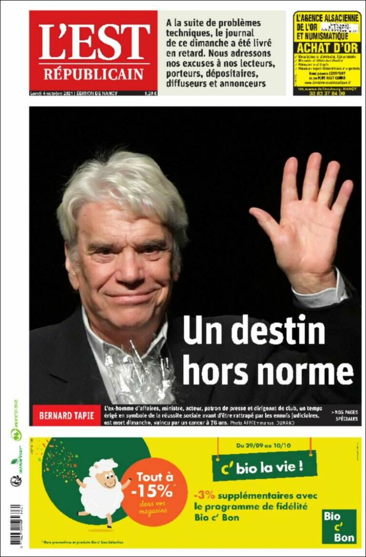 Portada de L'Est Republicain (Francia)