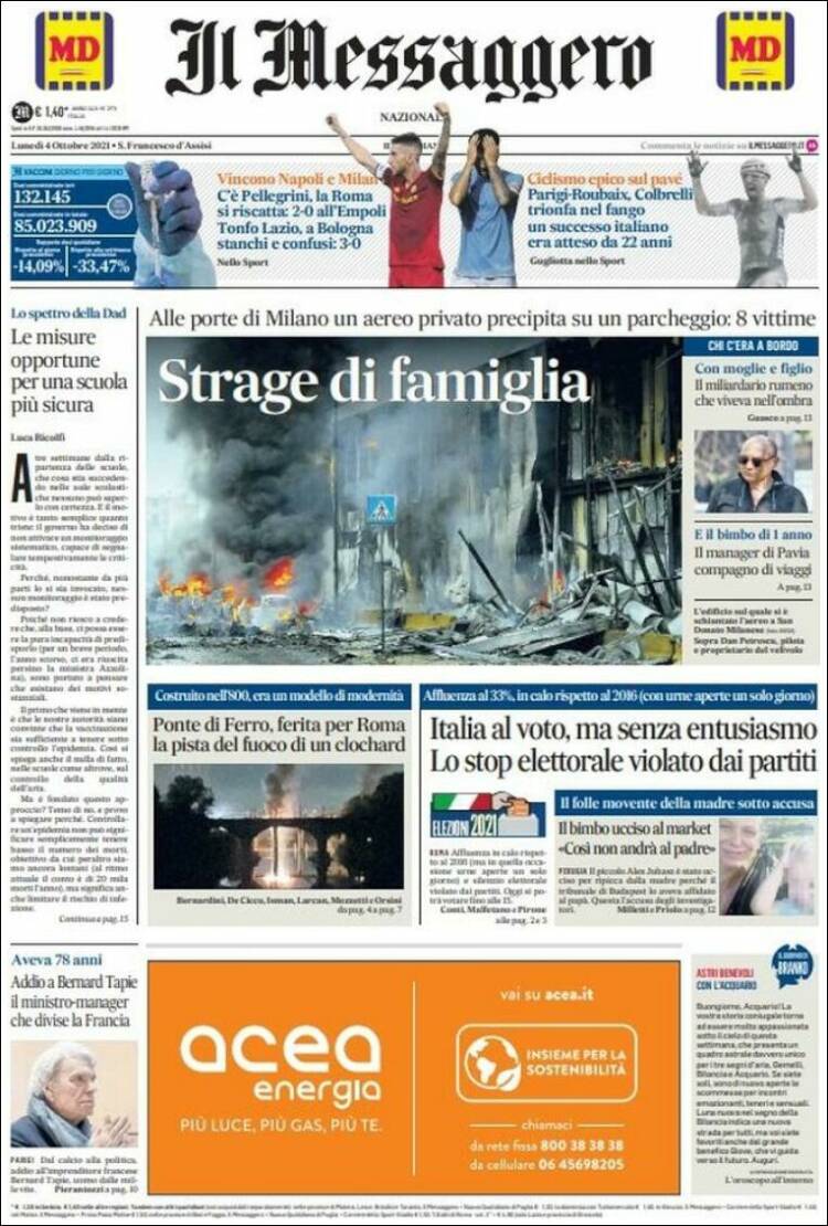 Portada de Il Messaggero (Italia)