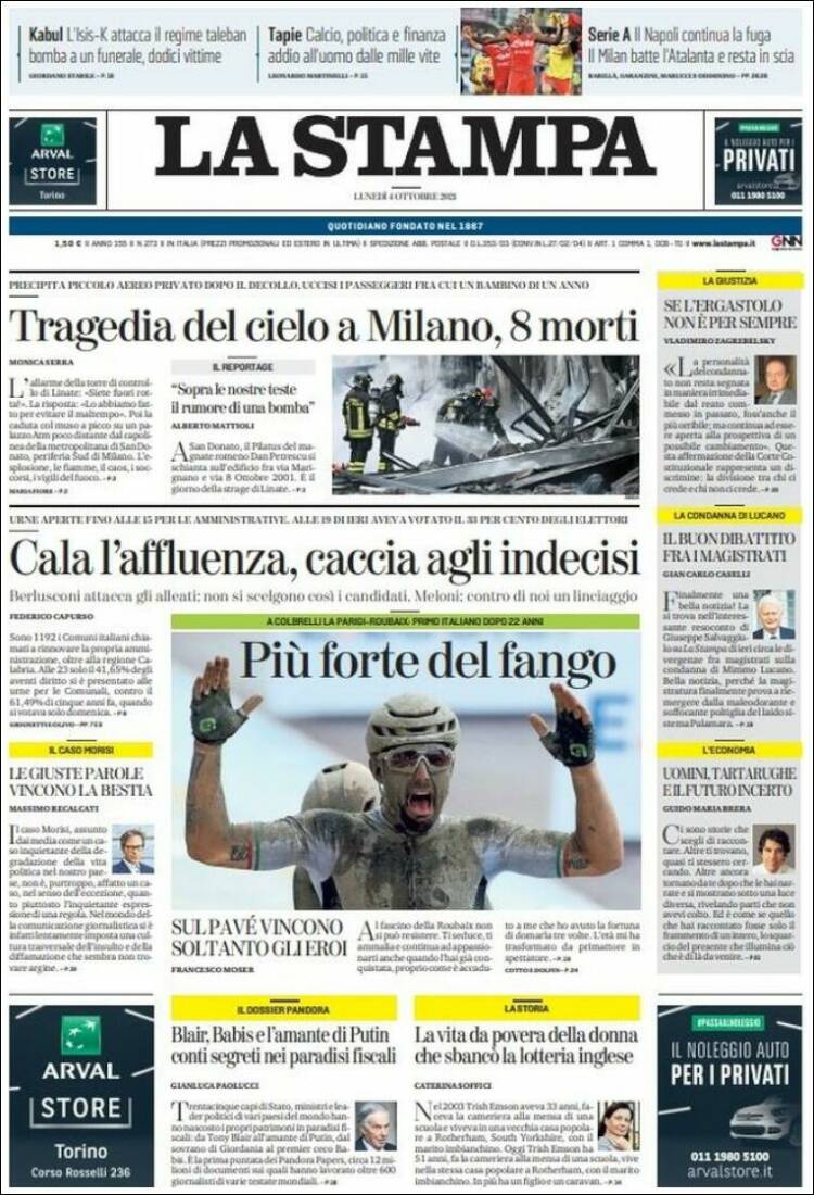 Portada de La Stampa (Italia)