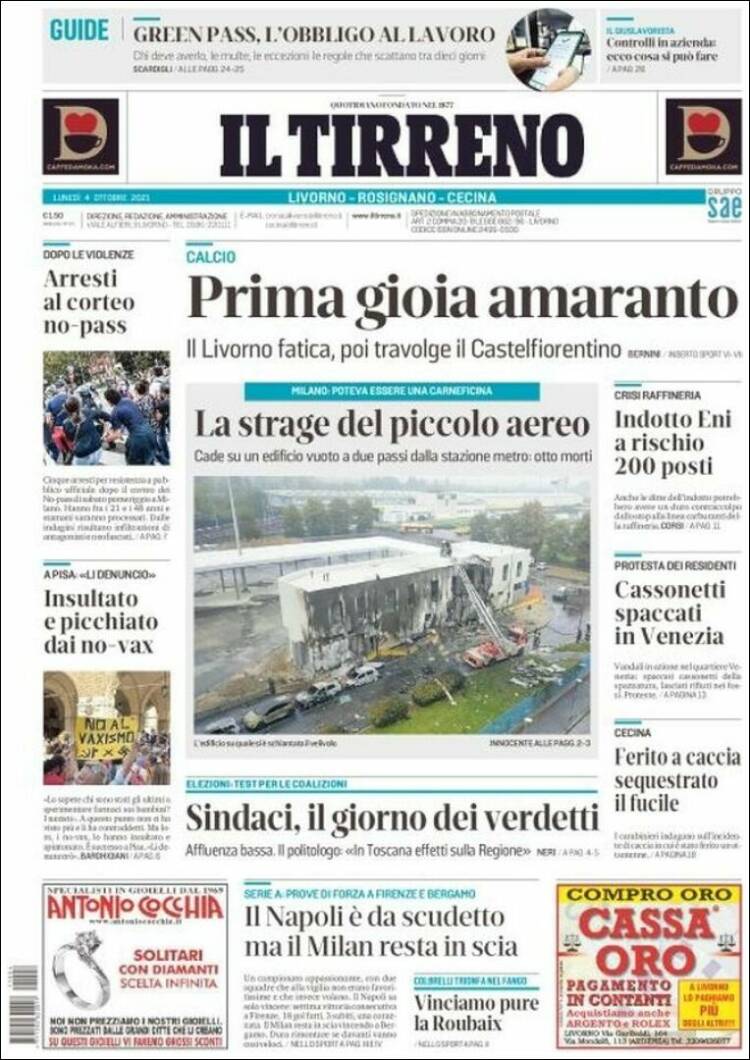 Portada de Il Tirreno (Italia)
