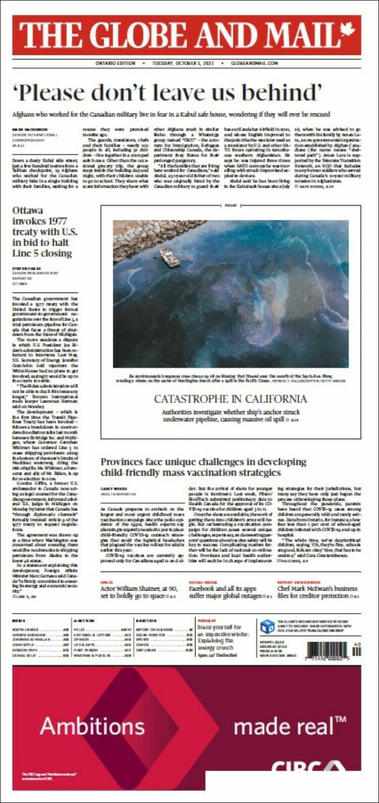 Portada de The Globe and Mail (Canadá)