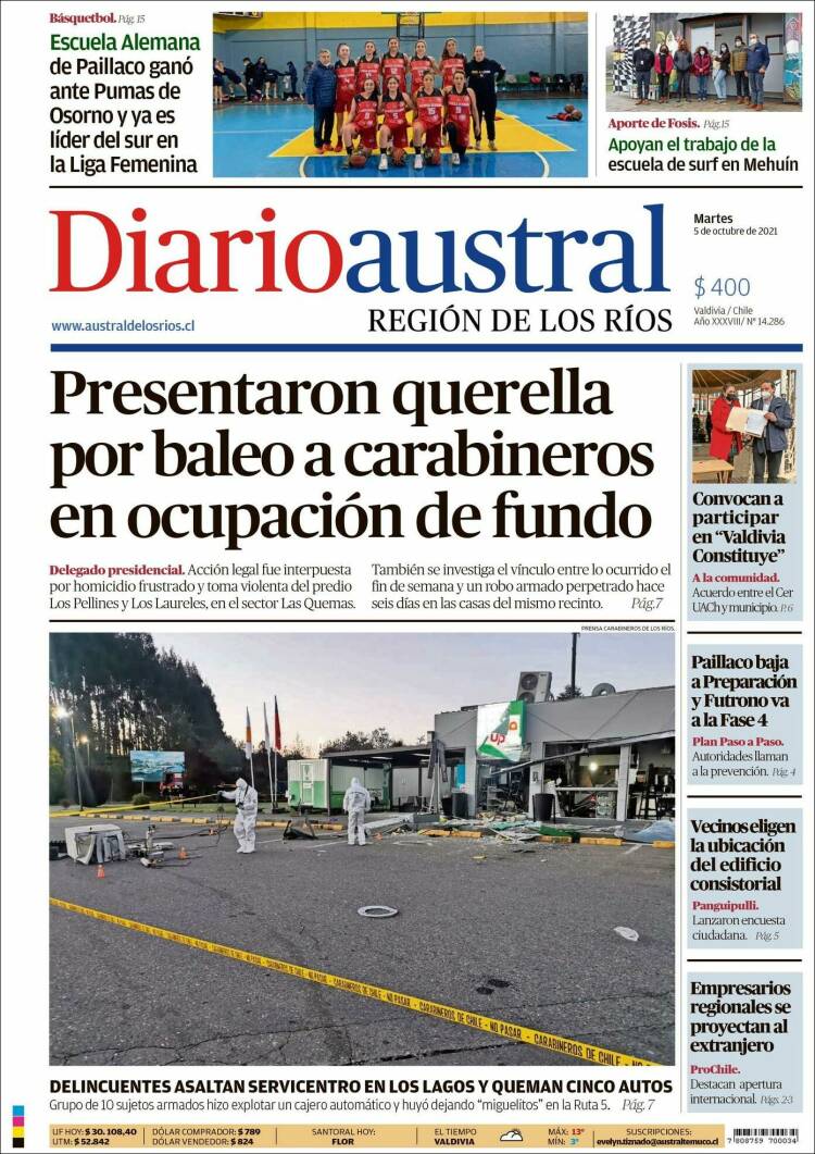Portada de El Diario Austral de Valdivia (Chile)