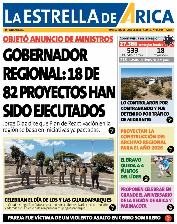 Portada de La Estrella de Arica (Chile)