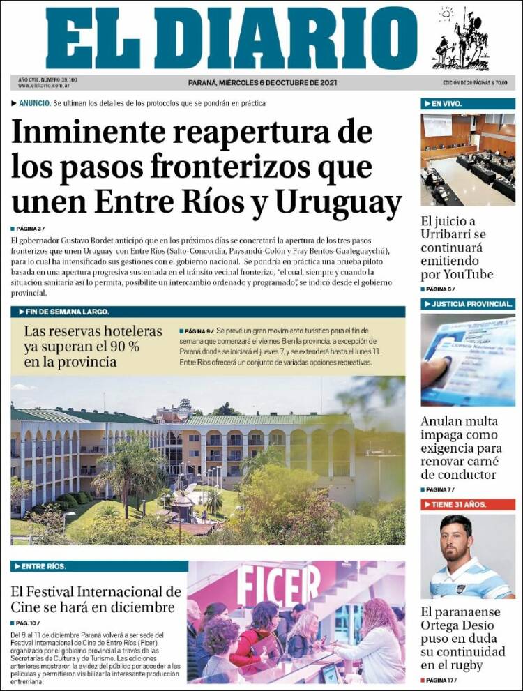 Portada de El Diario de Paraná (Argentina)