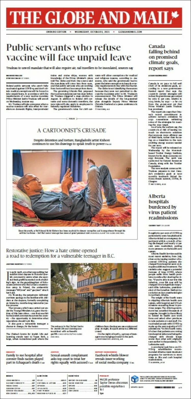 Portada de The Globe and Mail (Canad&aacute;)