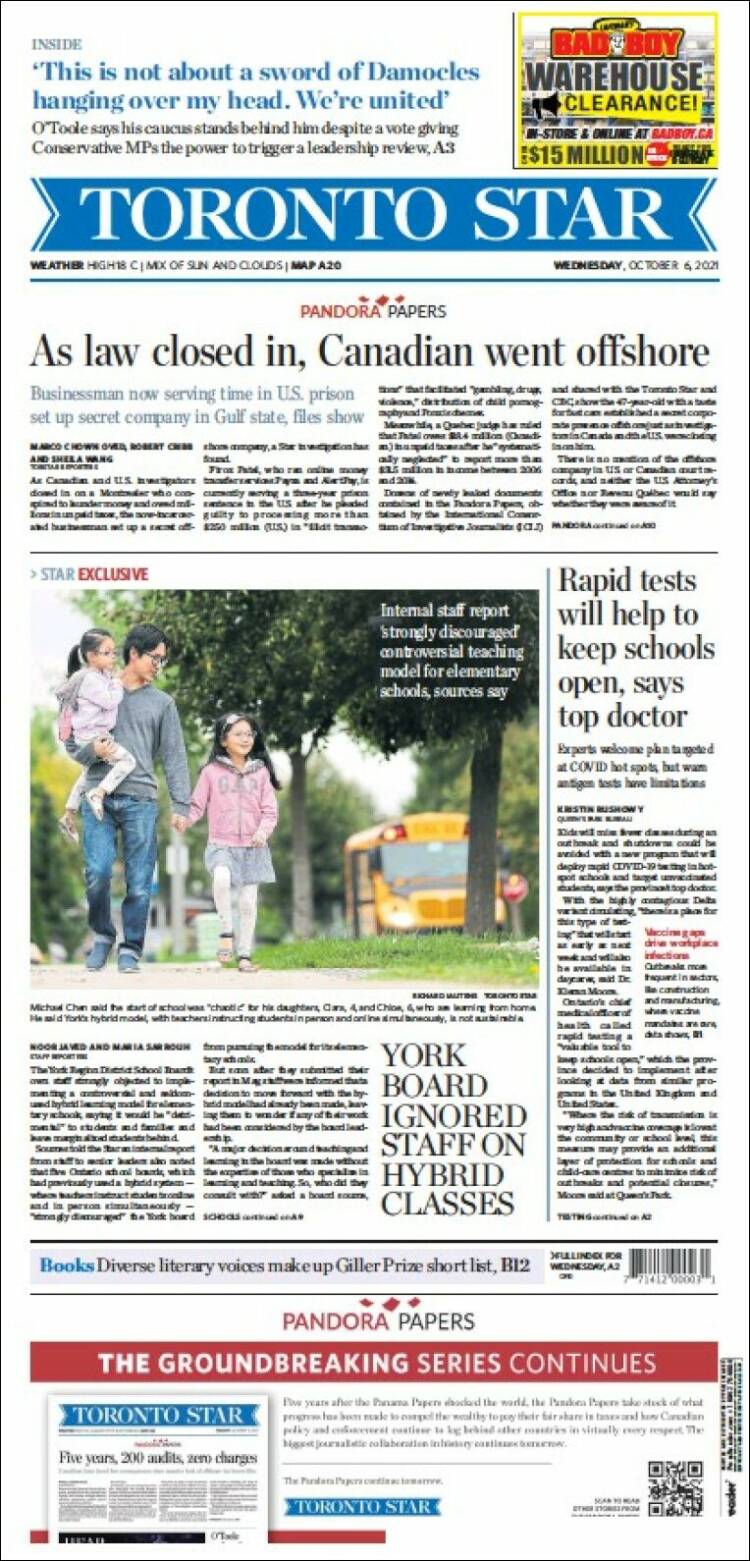 Portada de The Toronto Star (Canad&aacute;)