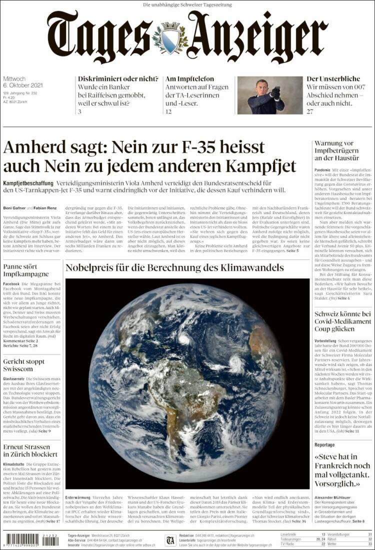 Portada de Tages-Anzeiger (Suiza)