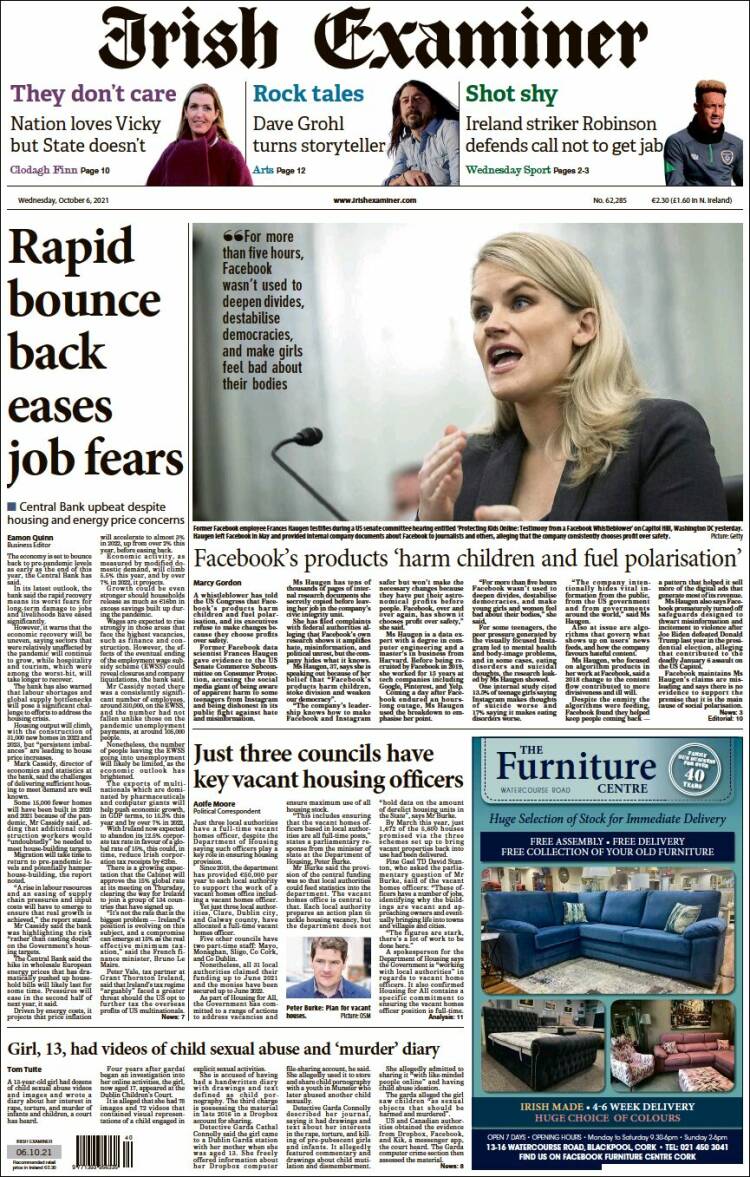 Portada de Irish Examiner (Irlanda)