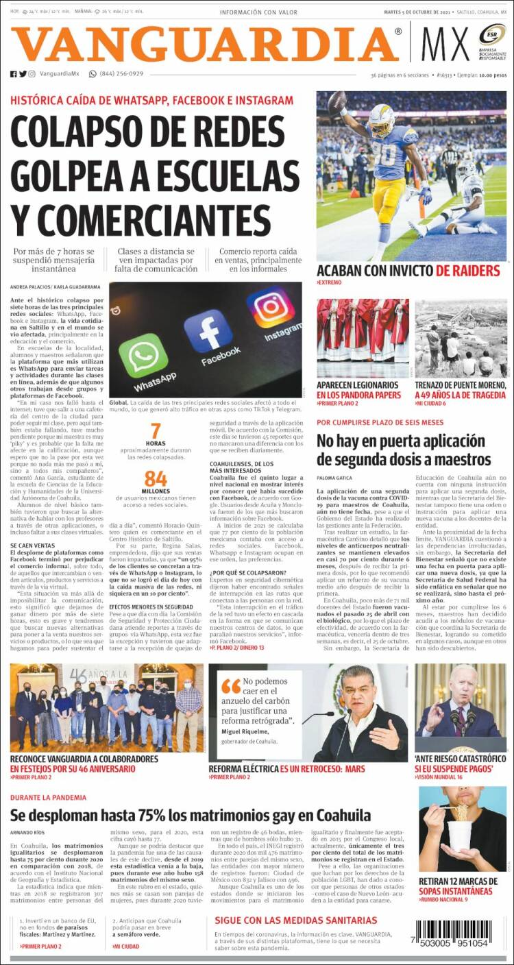 Portada de Vanguardia (M&eacute;xico)