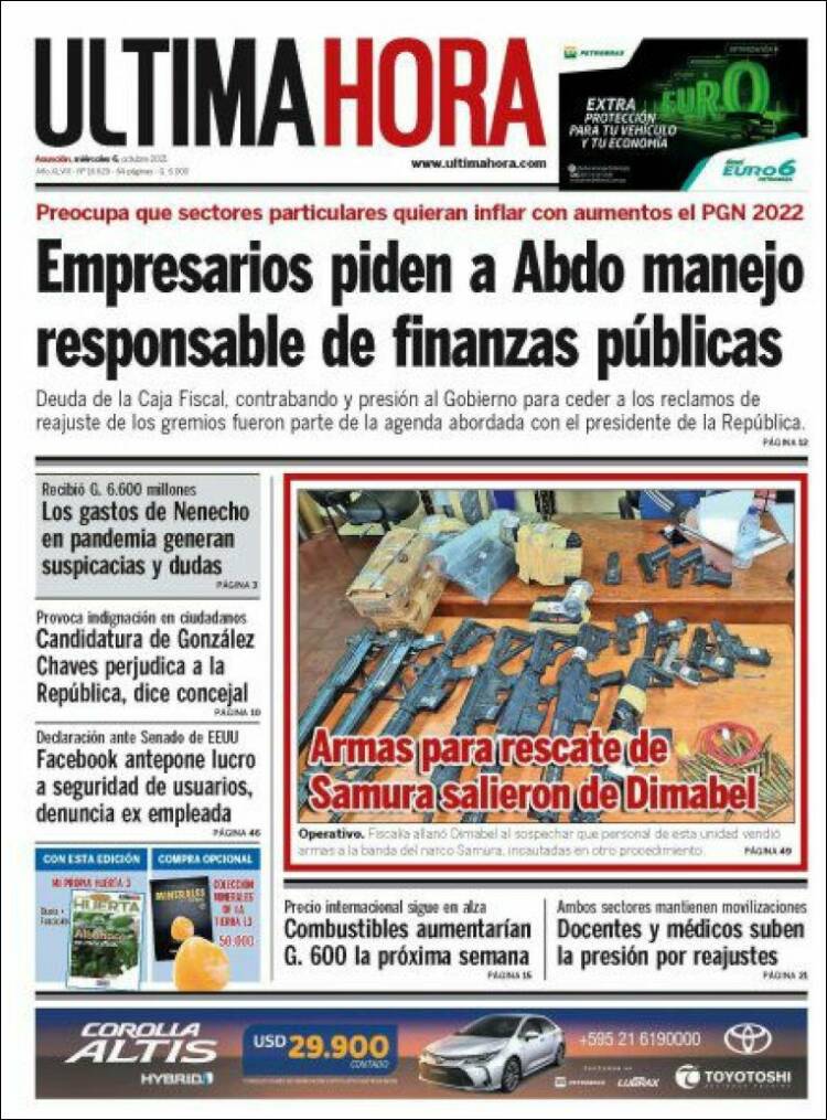 Portada de Última Hora (Paraguay)