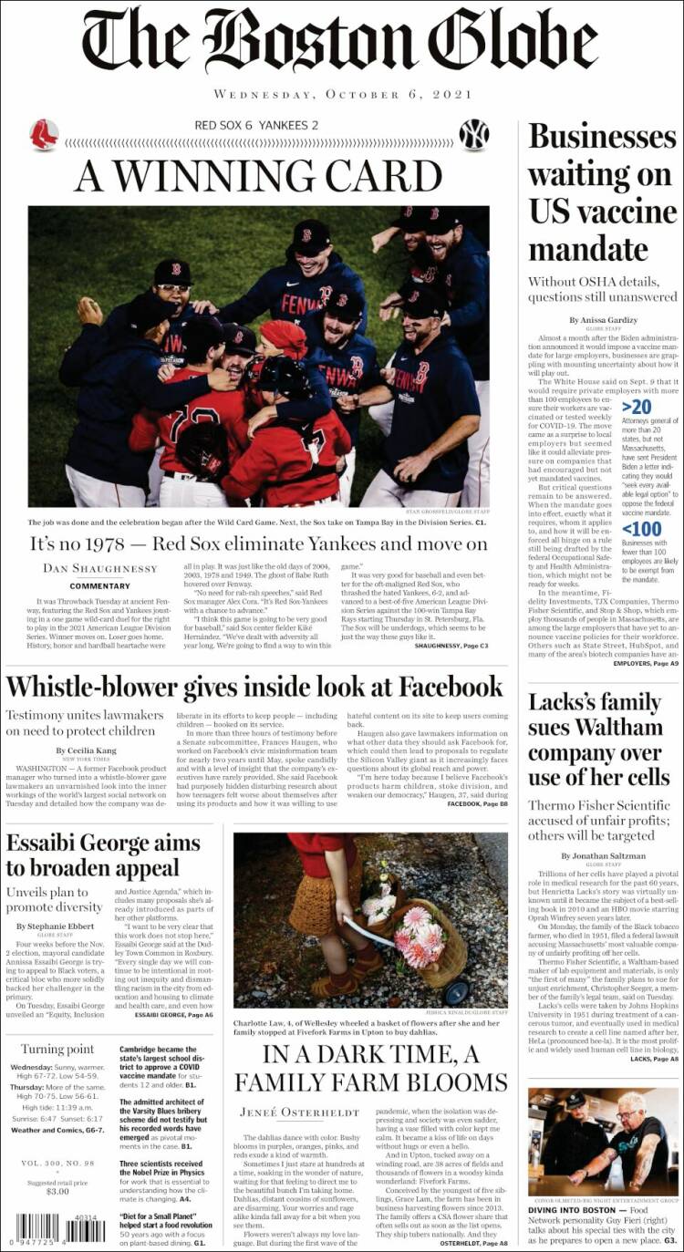 Portada de Boston Globe (USA)