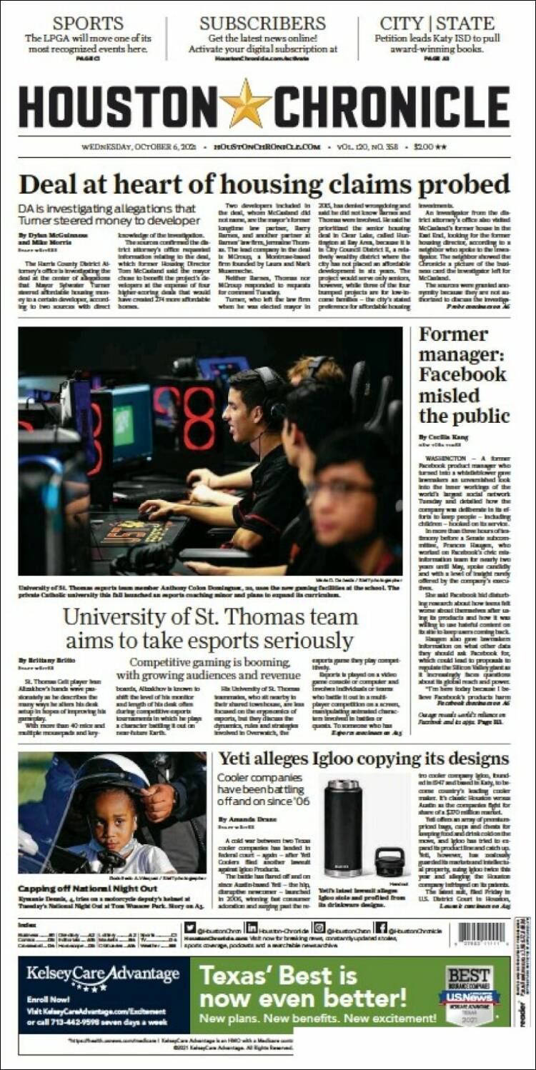 Portada de Houston Chronicle (USA)