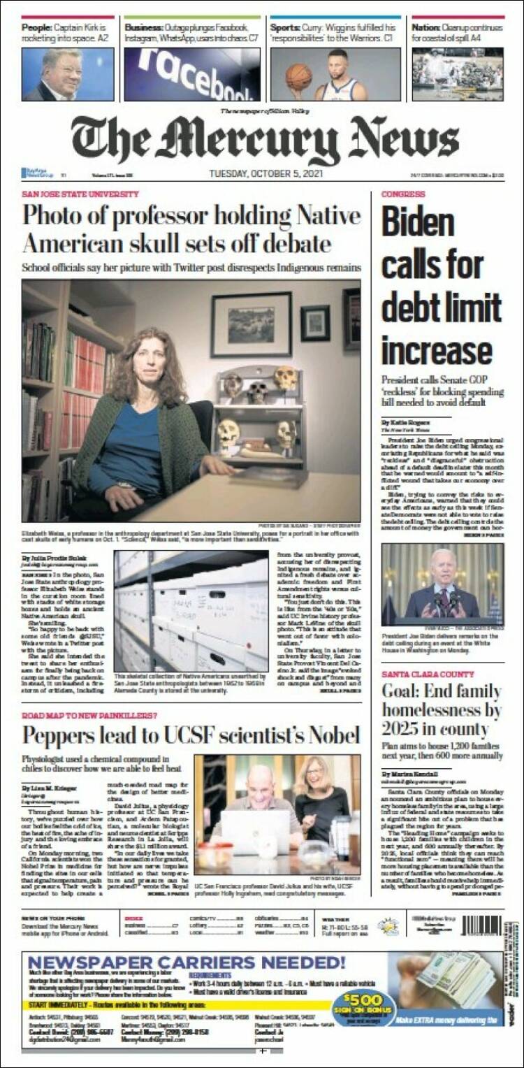 Portada de San Jose Mercury News (USA)