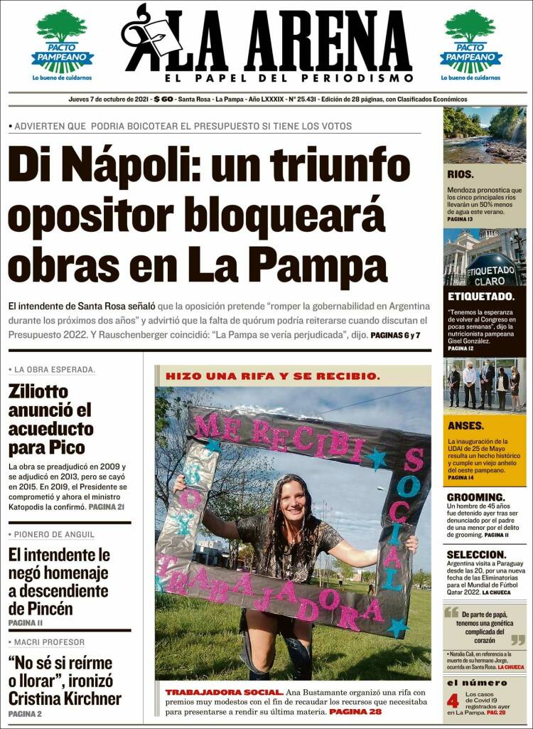 Portada de Diario La Arena (Argentina)