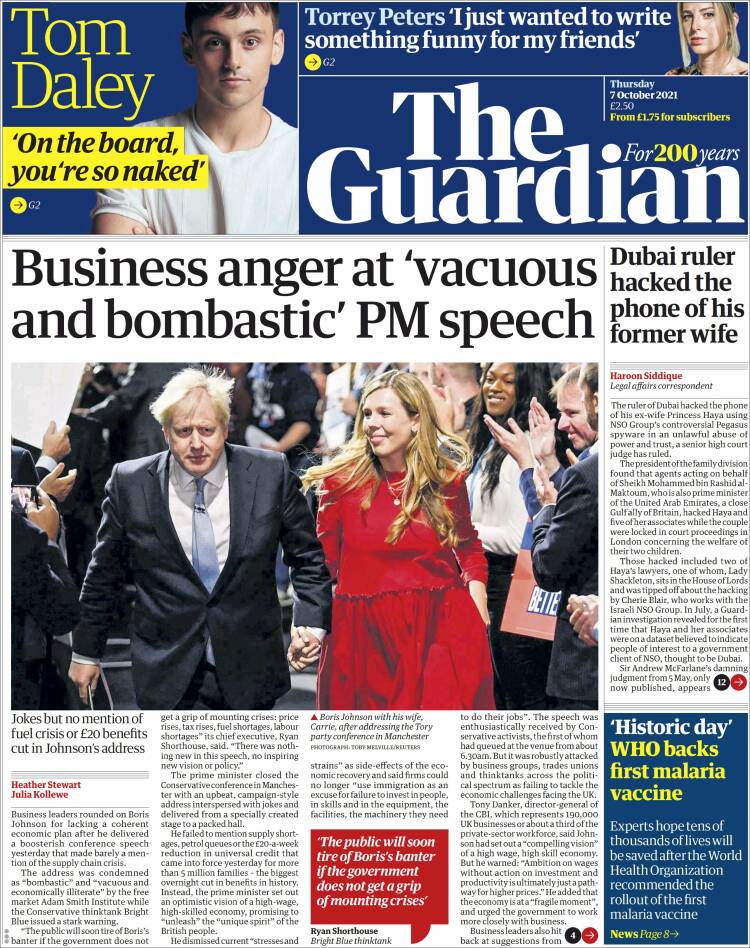 Portada de The Guardian (Reino Unido)