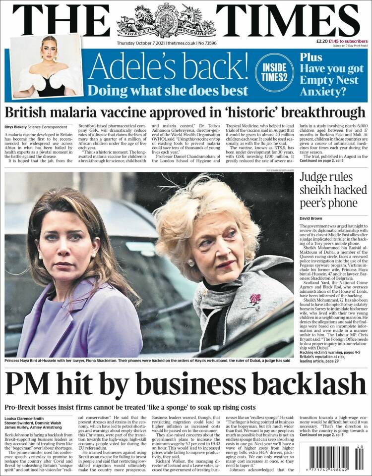 Portada de The Times (Reino Unido)