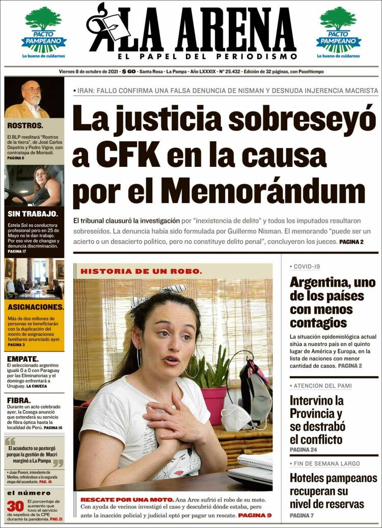 Portada de Diario La Arena (Argentina)