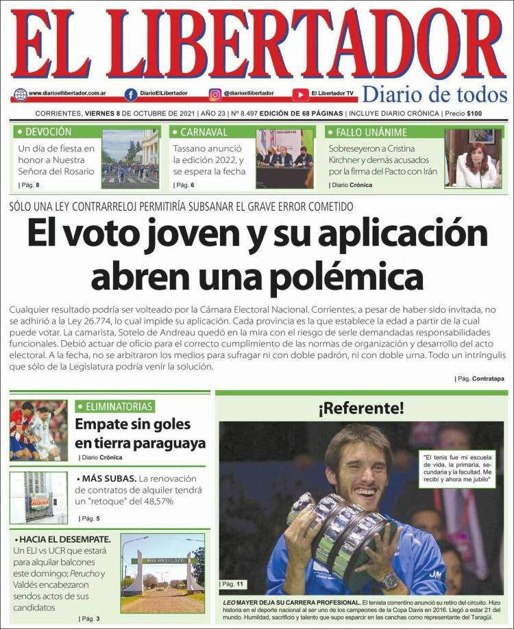 Portada de Diario El Libertador (Argentina)