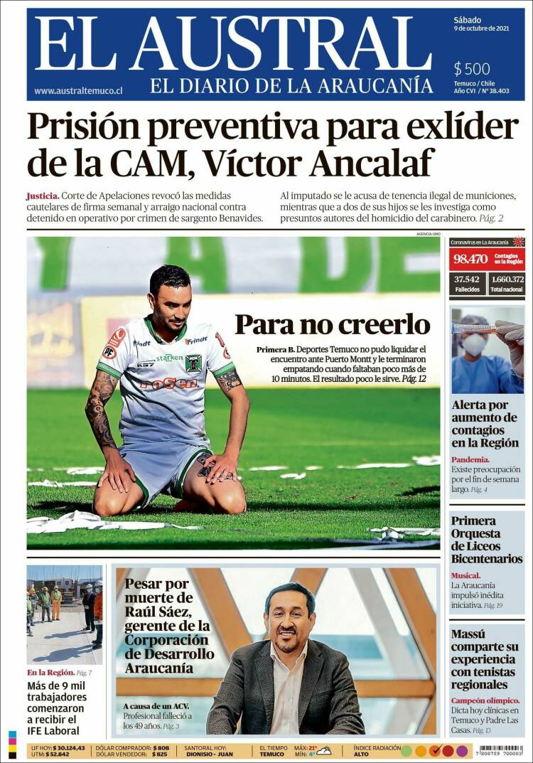 Portada de El Austral de Temuco (Chile)