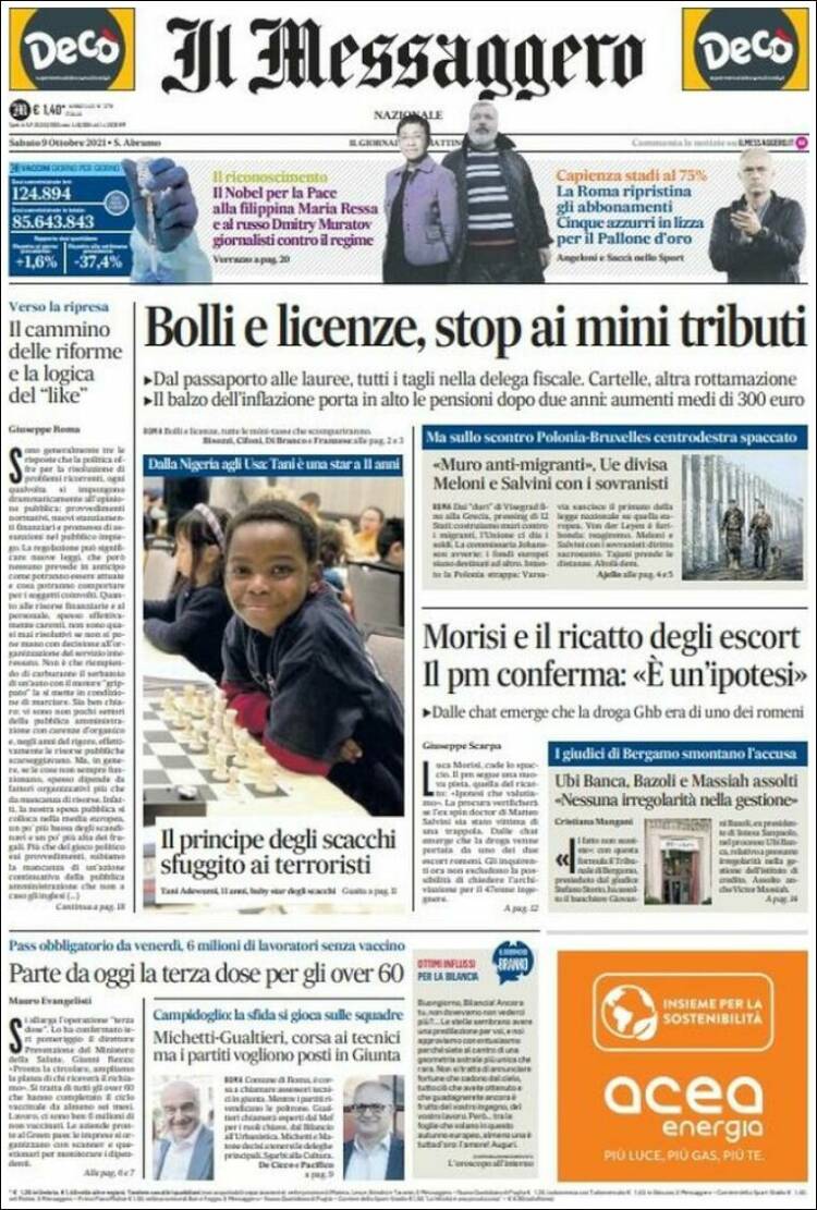 Portada de Il Messaggero (Italia)