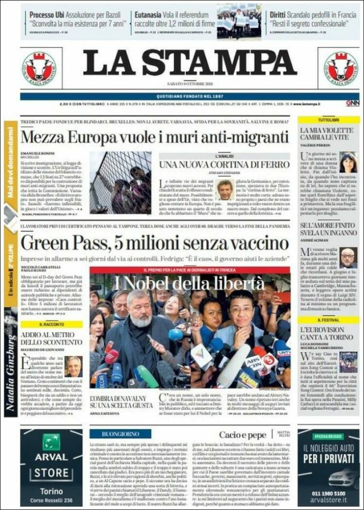 Portada de La Stampa (Italia)