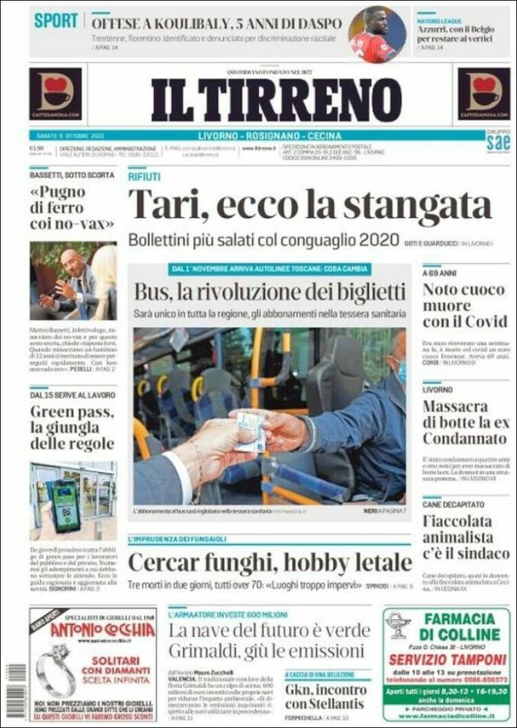 Portada de Il Tirreno (Italia)