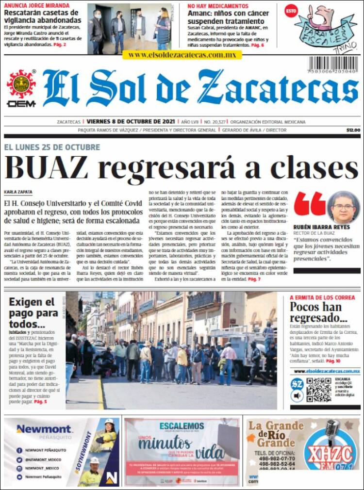 Portada de El Sol de Zacatecas (M&eacute;xico)