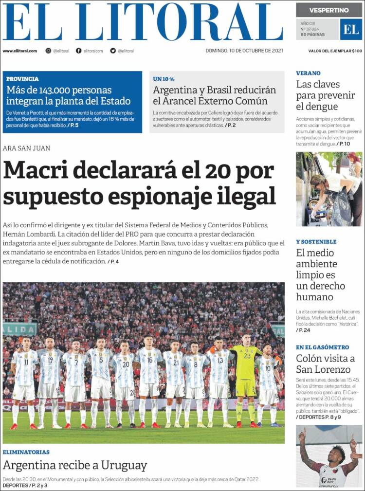 Portada de Diario El Litoral (Argentina)
