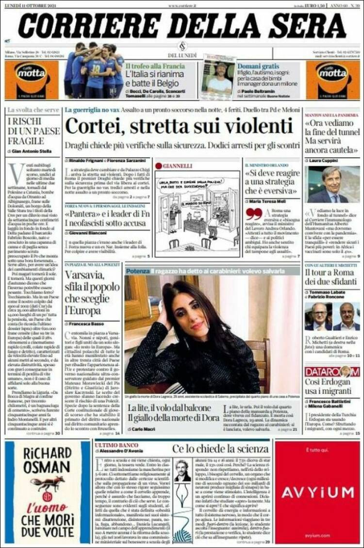Portada de Corriere della Sera (Italia)
