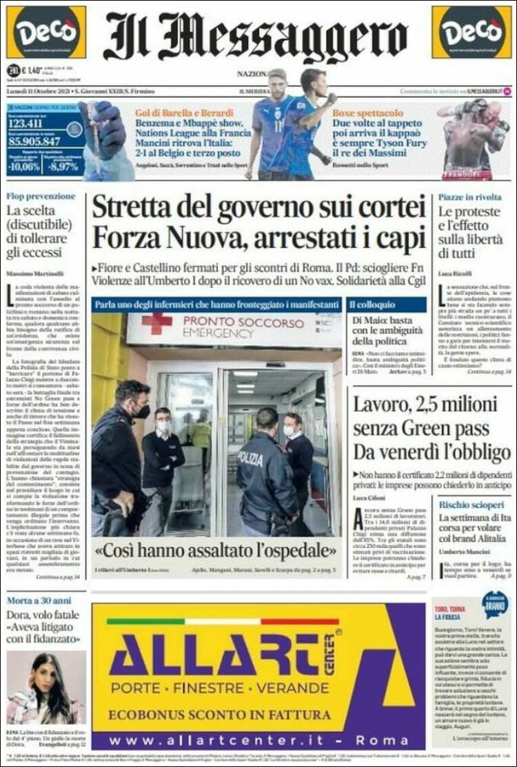 Portada de Il Messaggero (Italia)