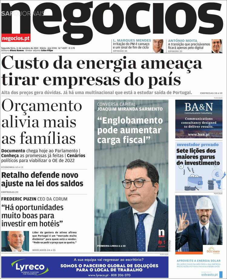 Portada de Jornal de Negócios (Portugal)