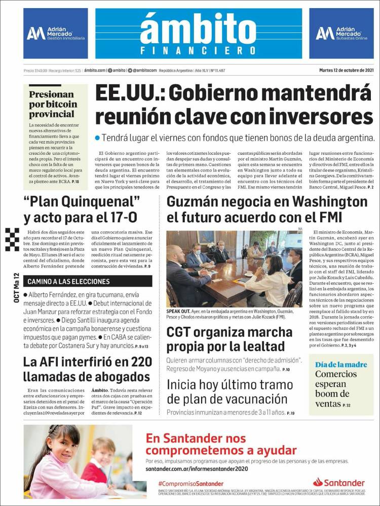 Portada de Diario Ambito Financiero (Argentina)