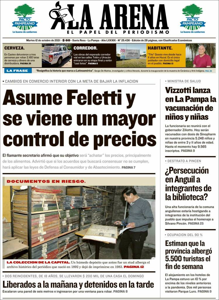 Portada de Diario La Arena (Argentina)