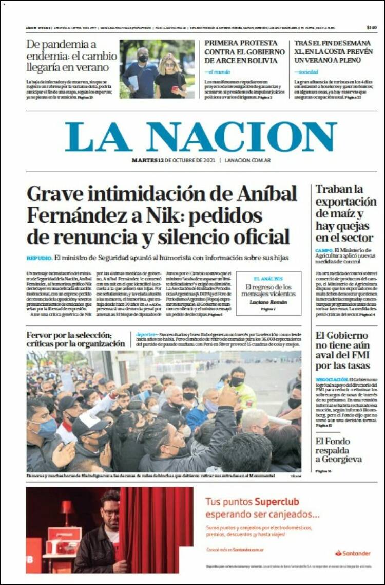 Portada de La Nación (Argentina)