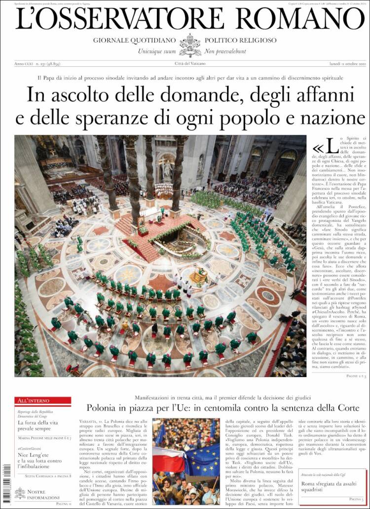 Portada de L'Osservatore Romano (Italia)
