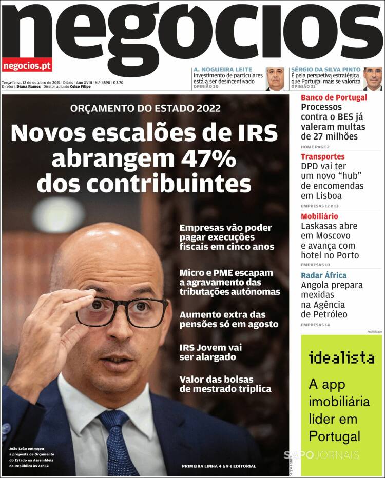 Portada de Jornal de Negócios (Portugal)