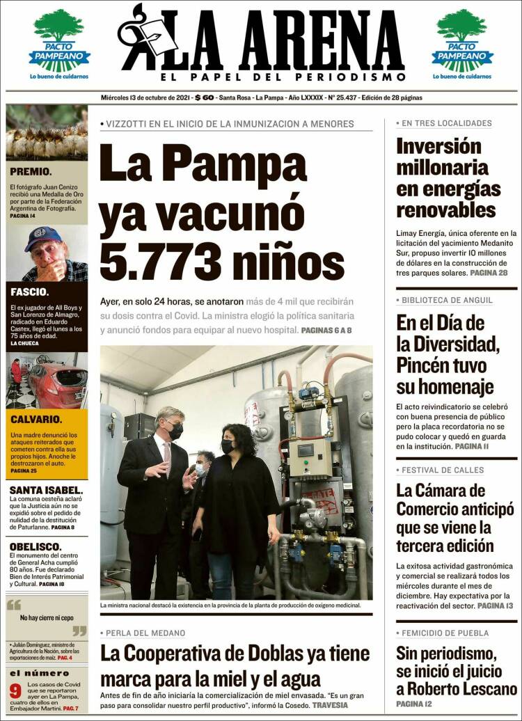 Portada de Diario La Arena (Argentina)