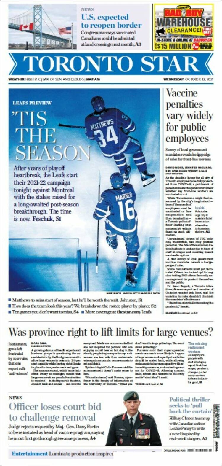 Portada de The Toronto Star (Canadá)