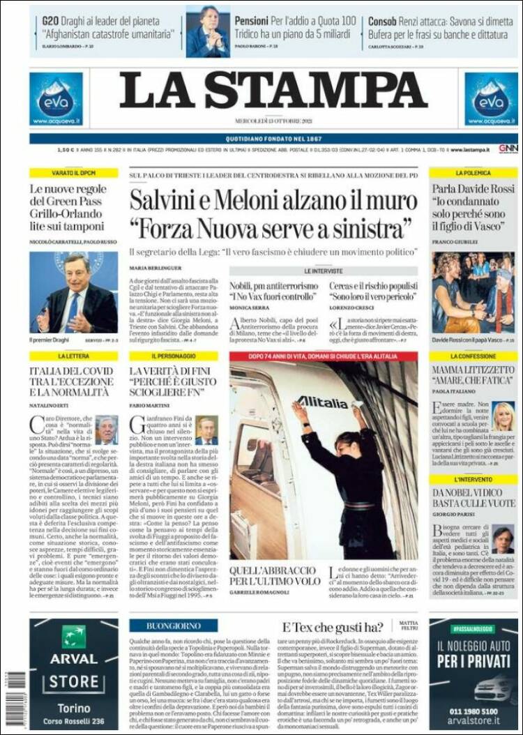Portada de La Stampa (Italia)