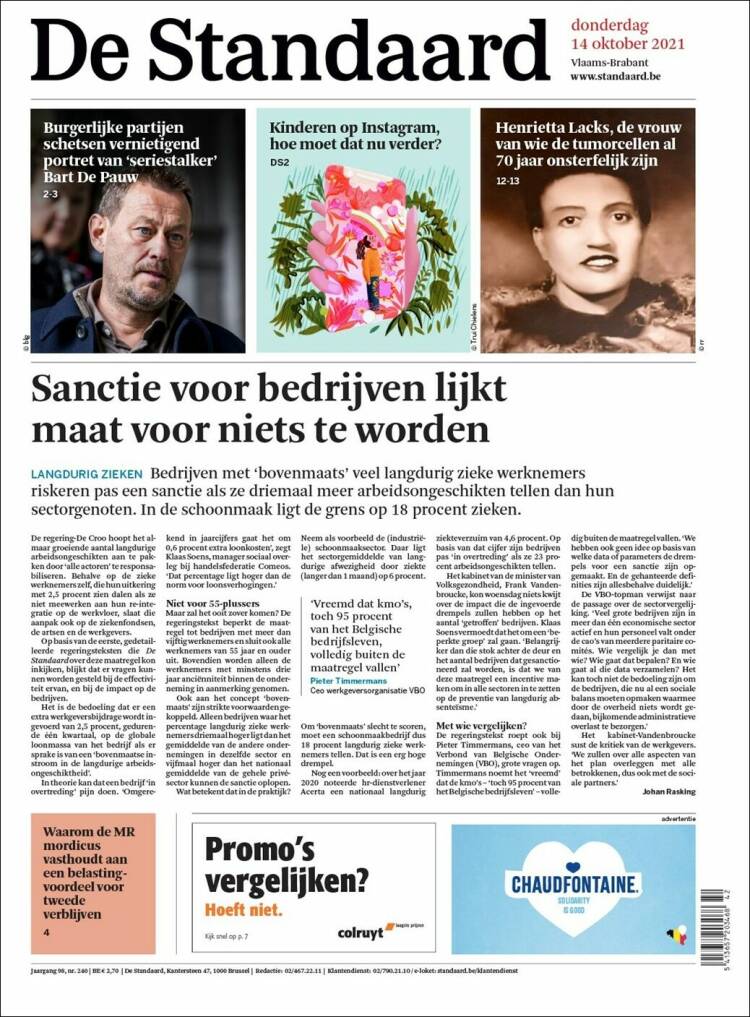 Portada de De Standaard (B&eacute;lgica)