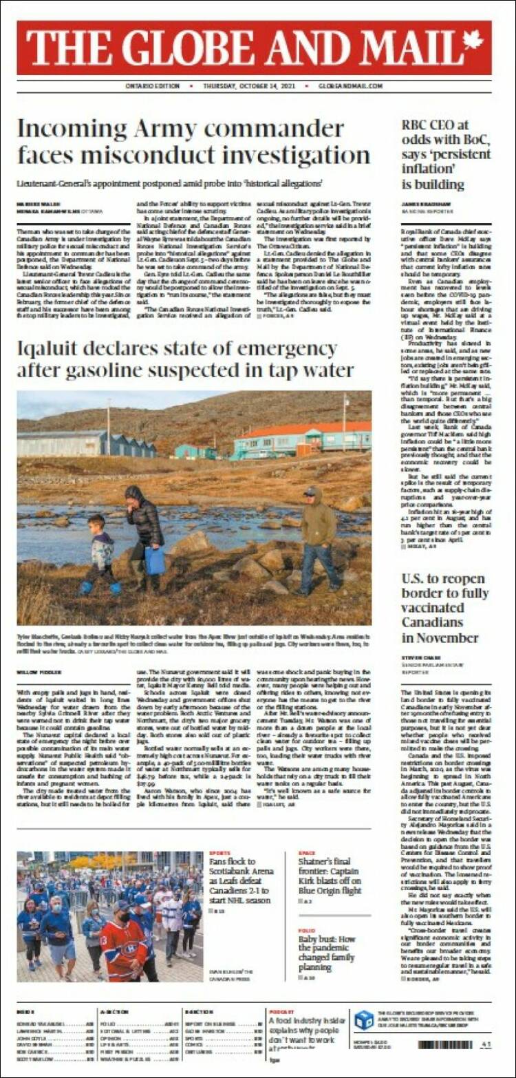 Portada de The Globe and Mail (Canada)