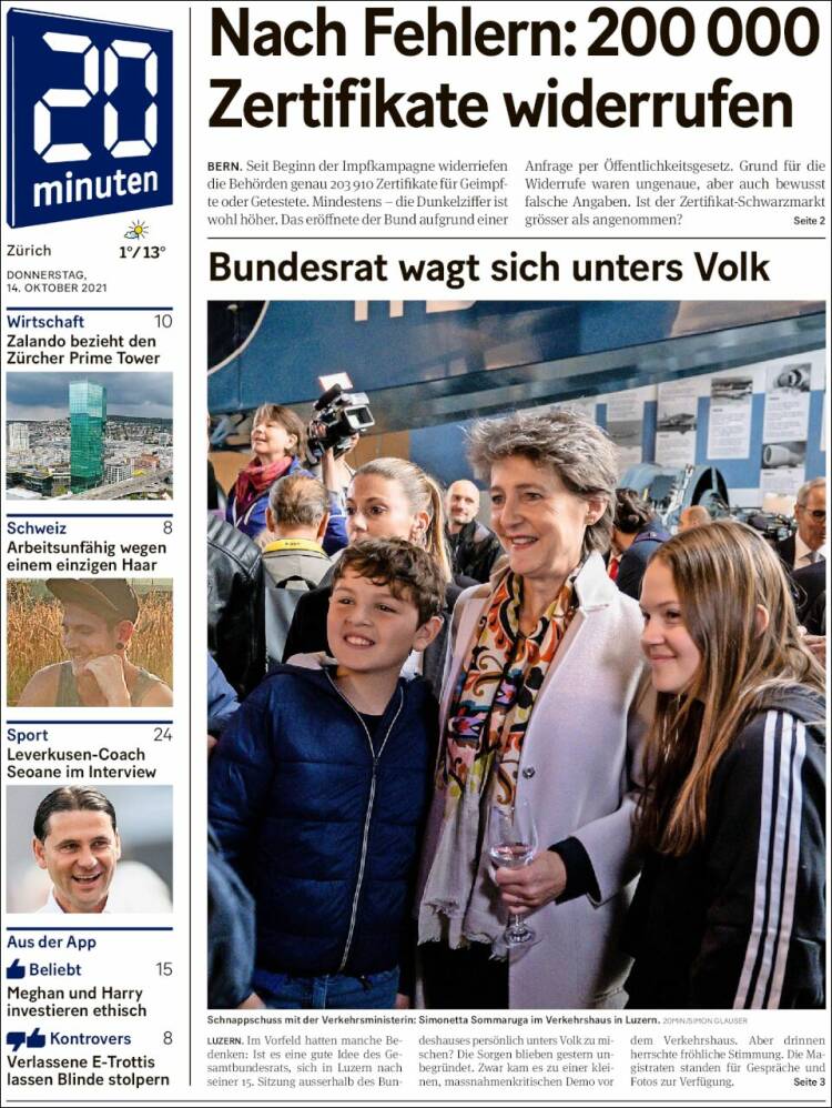 Portada de 20Minuten - Zürich (Suiza)