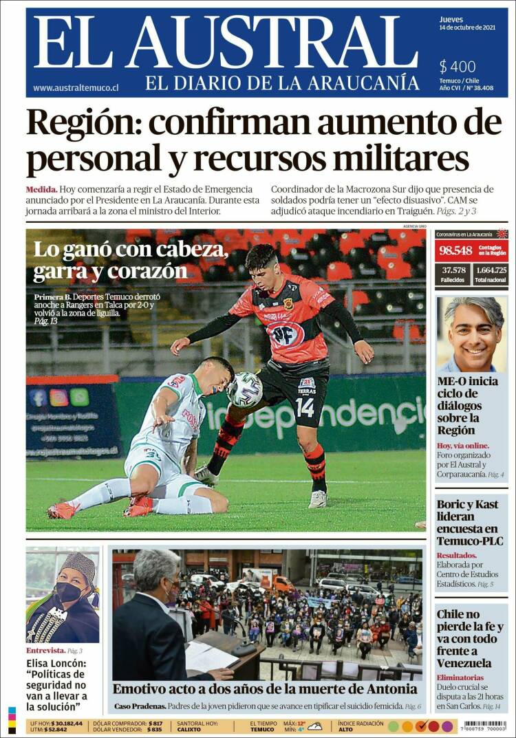 Portada de El Austral de Temuco (Chile)