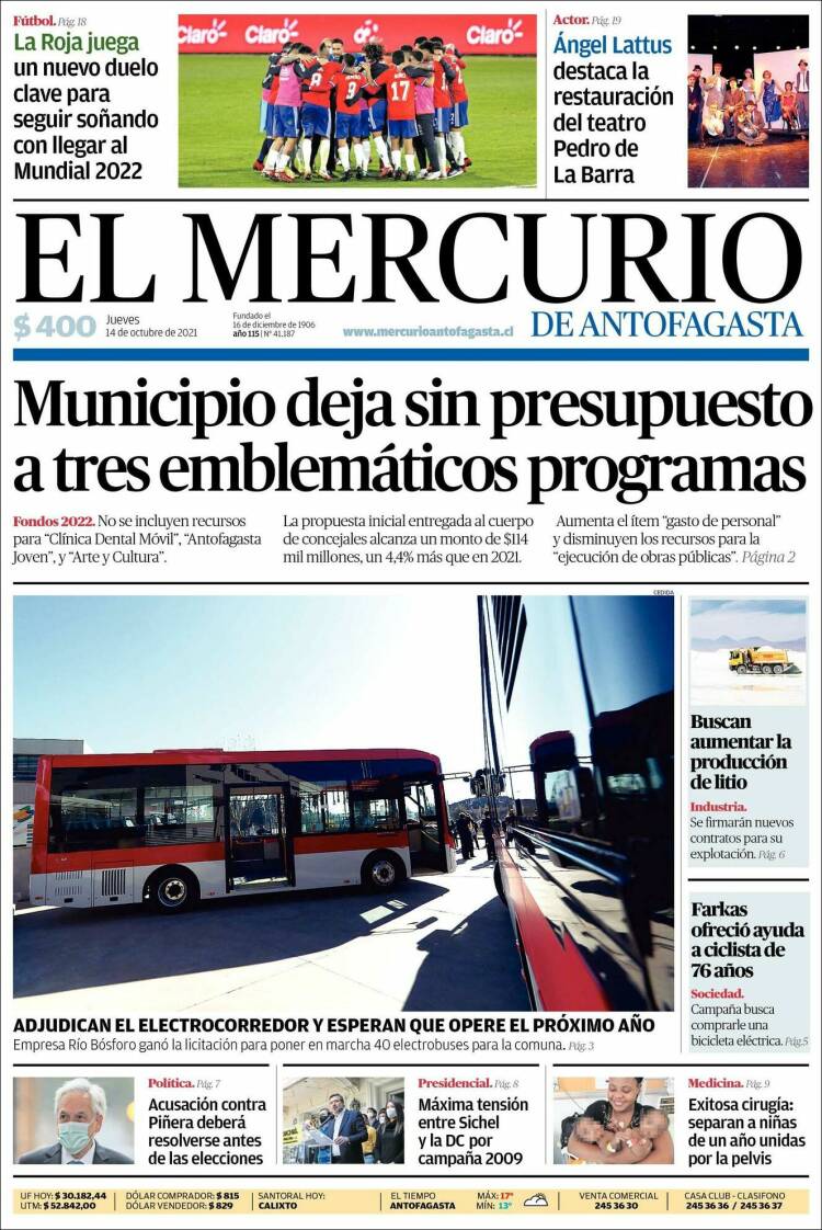 Portada de El Mercurio de Antofagasta (Chile)