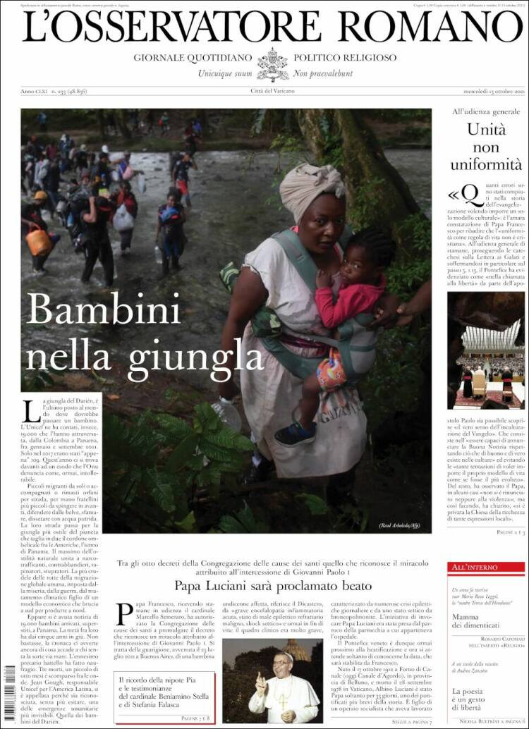 Portada de L'Osservatore Romano (Italia)