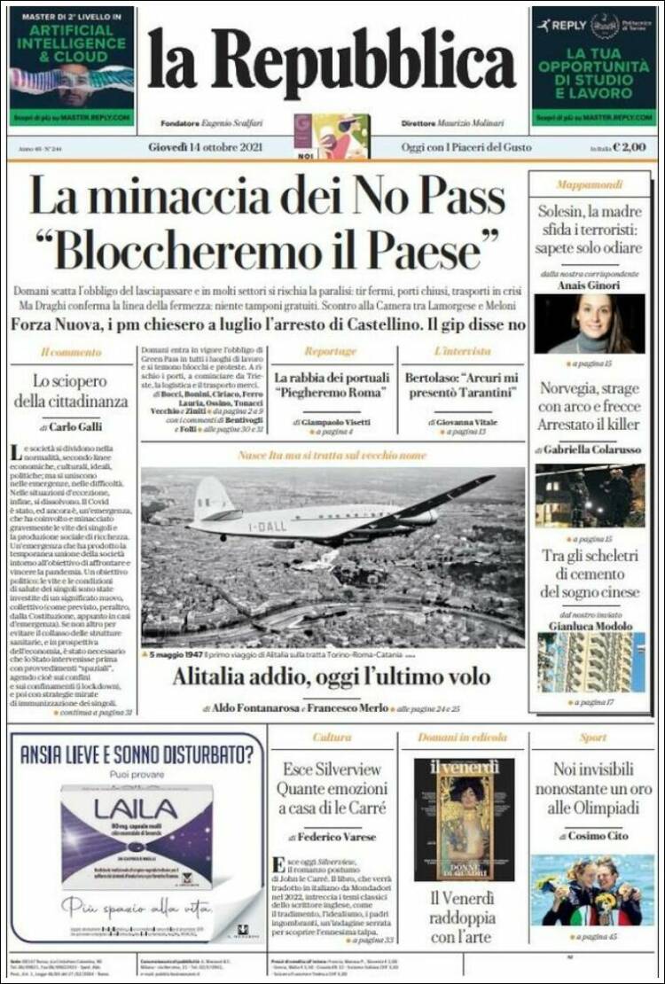 Portada de La Repubblica (Italia)